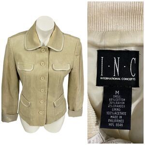 INC Blazer Women Medium Tan Brown Corduroy Jacket Work Office Basic Corpcore